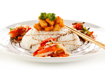 Chicken nuggets with rice on white background 