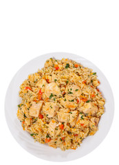 Chicken Breast with Rice and vegetables. top view. isolated on white