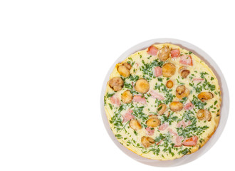 omelet with mushrooms, ham and cheese. top view. isolated on white