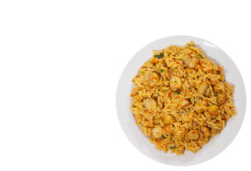 rice with mushrooms on plate. top view. isolated on white