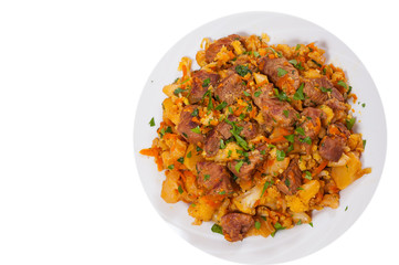 stew vegetables with meat. top view. isolated on white