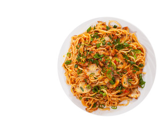 spaghetti with mushroom and minced meat. top view. isolated on white