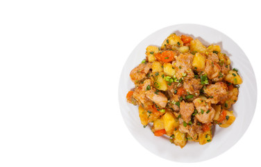 meat stew with potatoes, pepper, onion and carrot. top view. isolated on white