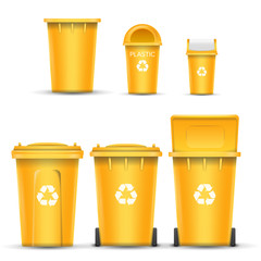 Yellow Recycling Bin Bucket Vector For Plastic Trash. Opened And Closed. Front View. Sign Arrow. Isolated Illustration
