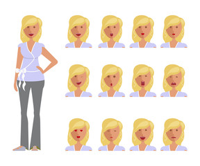 Set of woman expression. Character creation set. Full length and different emotion portraits on white background. Build your own design. Vector illustration eps 10