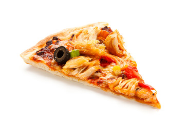Pizza with chicken and vegetables on white background
