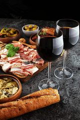 Italian antipasti wine snacks set. Cheese variety, Mediterranean
