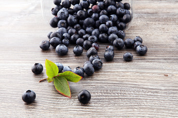 Freshly picked blueberries.Juicy and fresh blueberries with green leaves on rustic table. Bilberry on wooden Background. Blueberry antioxidant. Concept for healthy eating and nutrition
