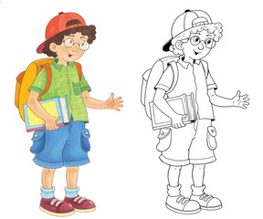 Back to school. Cute schoolchildren ready for school. Coloring page. Illustration for children