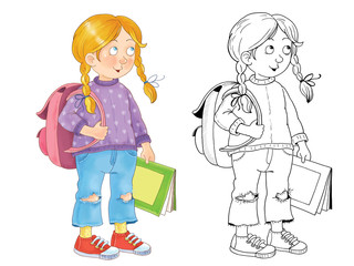 Back to school. Cute schoolchildren ready for school. Coloring page. Illustration for children