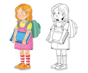 Back to school. Cute schoolchildren ready for school. Coloring page. Illustration for children