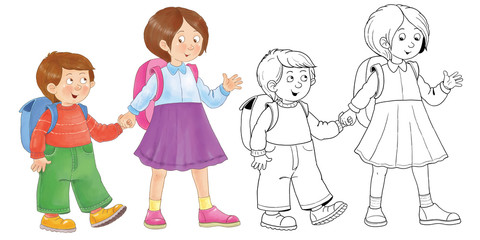 Back to school. Cute schoolchildren ready for school. Coloring page. Illustration for children