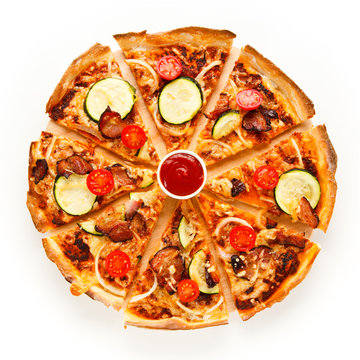 Pizza with vegetables on white background 