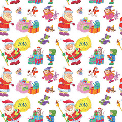 Seamless pattern. New Year 2018.  Christmas. Cute Santa with Christmas presents and happy kids. 
