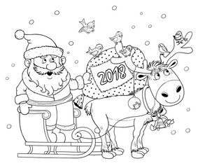New Year 2018. Christmas. A cute Santa on the sledge and a reindeer. Funny cartoon characters