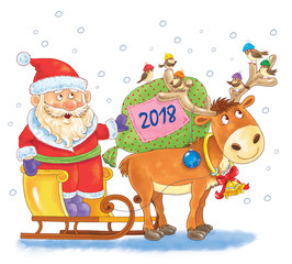 New Year 2018. Christmas. A cute Santa on the sledge and a reindeer. Funny cartoon characters