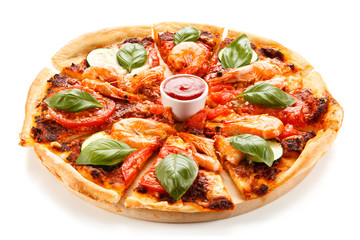 Pizza with shrimps on white background 