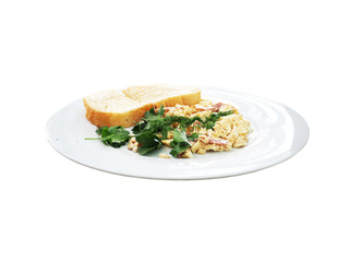 Breakfast. Omelette with bacon and toasted white wheat bread on a white plate isolated on a white background