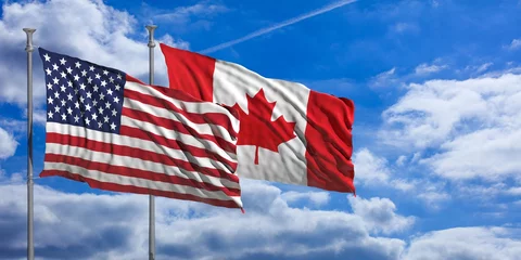 Foto op Plexiglas Canada and America waving flags on blue sky. 3d illustration © Rawf8