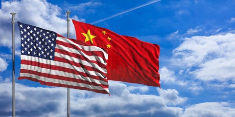 China and USA waving flags on blue sky. 3d illustration © Rawf8