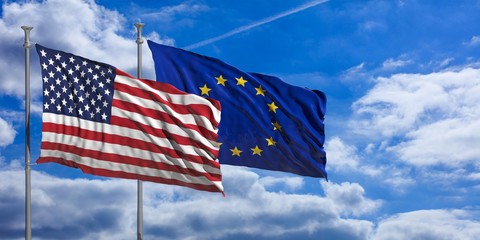 EU and America waving flags on blue sky. 3d illustration