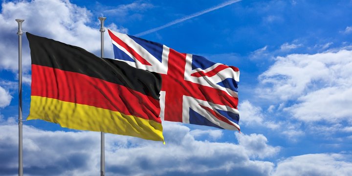 England and Germany waving flags on blue sky. 3d illustration