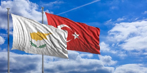 Turkey and  Cyprus waving flags on blue sky. 3d illustration