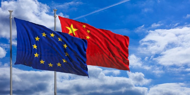 China and EU waving flags on blue sky. 3d illustration