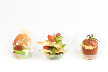 Canape desserts and snack in plastic cups
