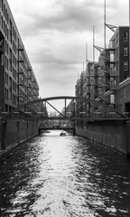 Black-white photo of the Speicherstadt in Hamburg