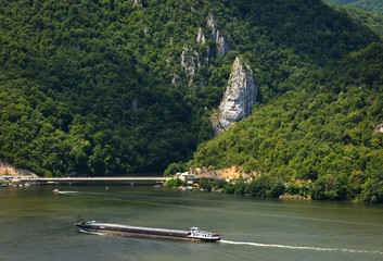 Spectacular Danube Gorges, also known as The Danube Boilers ,passing through the Carpathian Mountains, between Serbia and Romania. Decebal's Head sculpted in rock.