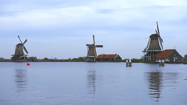 authentic Zaandam windmills in the Zaanstad village Zaanse-Schans, Netherlands
