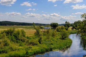 Fototapeta na wymiar Landscape of wild river flowing in meanders under the blue sky with white clouds