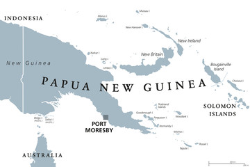 Papua New Guinea political map with capital Port Moresby. English labeling. Independent state on eastern half of island of New Guinea with islands in Melanesia. Gray illustration over white. Vector.