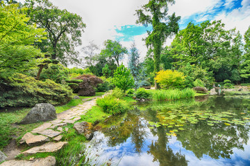 Obraz premium WROCLAW, POLAND - AUGUST 04, 2017: Japanese Garden is situated in the vicinity of the historical Pergola and Centennial Hall. It represents one of few traces after the World Expo in 1913.
