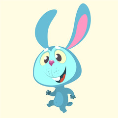 Cute cartoon blue bunny rabbit character dancing. Vector illustration of a rabbit icon isolated on white