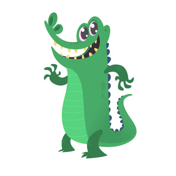 Cute cartoon crocodile. Vector illustration of alligator waving hand and presenting isolated on white background. 