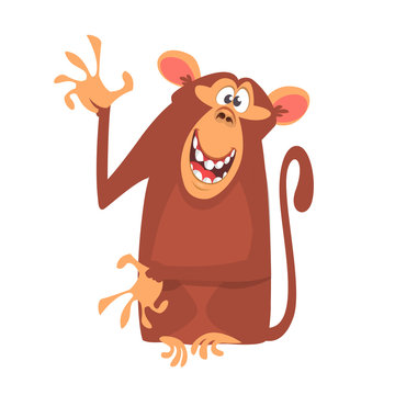 Cute cartoon monkey character icon. . Chimpanzee mascot waving hand and presenting. Isolated on white background. Flat design. Vector illustration