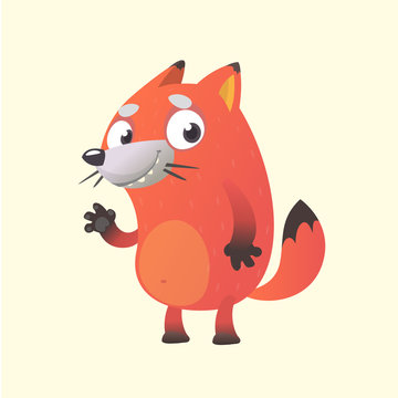 Cute cartoon fox mascot character. Vector illustration of an orange fox waving hand. Isolated on white. Character for children books, sticker, print or banner.