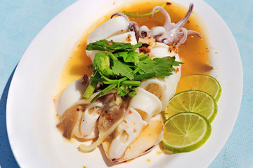 Thai recipe : Squid in lime sauce -  selective focus