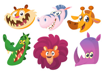 Cartoon African animals. Wild animals vector icons set. Crocodile, tiger, rhino, giraffe, lion, zebra