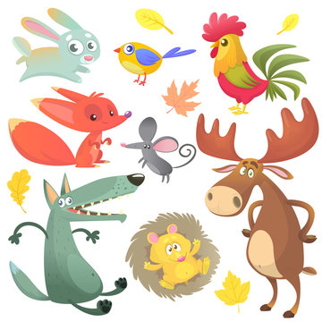 Cartoon forest animal characters.  forest animals vector illustration. Bunny rabbit, rooster, fox, mouse, wolf, hedgehog, moose elk and blue yellow bird