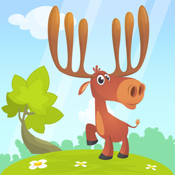Cool carton moose. Vector illustration isolated of forest background. Poster design of sticker