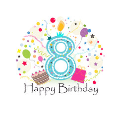 Eight birthday greeting card with cake, balloon, gift box. Birthday greeting card