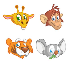 Obraz premium Cartoon african animal head icons collection. Vector set of wild animals including giraffe, chimpanzee monkey, tiger andkoala bear. Illustrations isolated on white. 