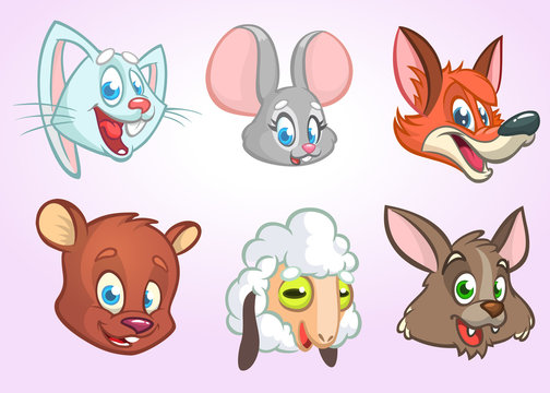 Cartoon vector animal head icons. Vector set of wild and farm animals including bunny rabbit, mouse, fox, bear, sheep and wolf. Illustrations solated on white. 