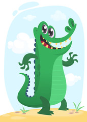 Cool funny cartoon crocodile character. Wild jungle animals collection. Baby education. Isolated. Simple nature swamp background. Vector illustration. Design element for print or sticker