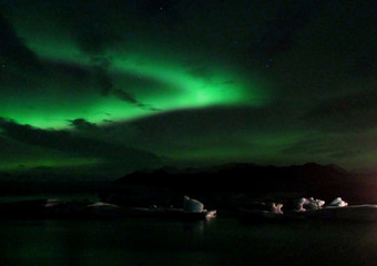 Incredible Aurora Borealis Dancing in the Night Sky over Jokulsarlon Glacier Lagoon of South Iceland  