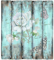 Vintage Wooden Background with White Roses and Butterflies