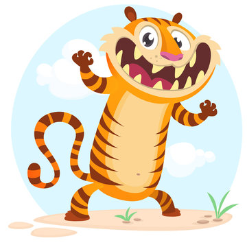 Lovely cartoon tiger character. Wild jungle animal collection. Baby education. Isolated. Flat design element. Vector illustration on simple nature background. 